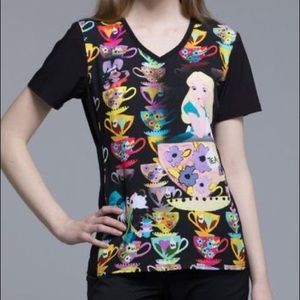 CHEROKEE Alice in Wonderland Tea Cup Scrub Top For Women Size L